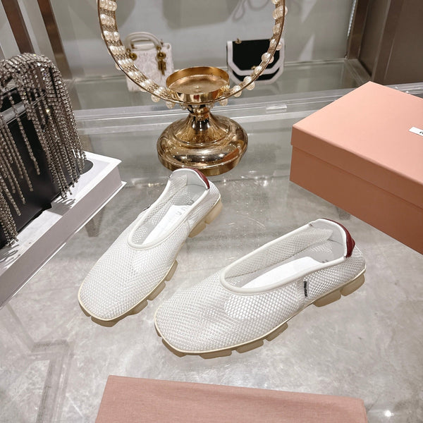 Miu Ballerinas White Brown Technical Mesh Leather 751307