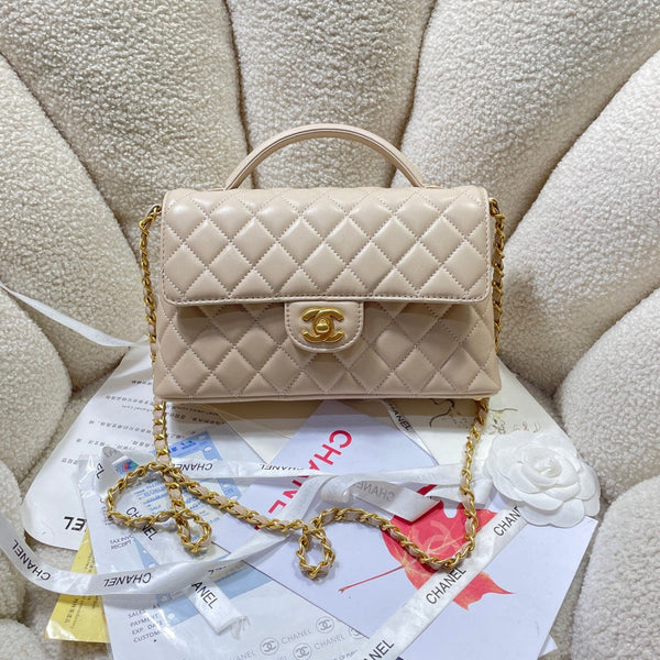 CC 25P Medium Flap Bag 25cm Top Handle Beige Calfskin Gold Hardware