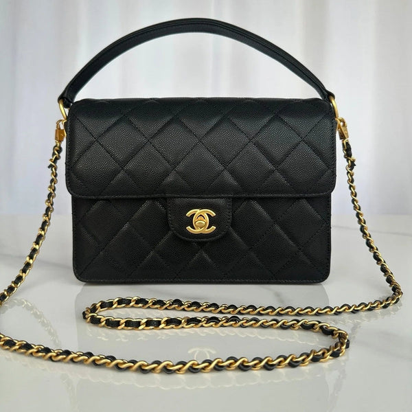CC 2026 Flap Bag with Top Handle 19CM Gum-grain Cowhide