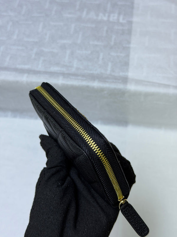 CC 26P Zipper Card Holder Black Quited Caviar Leather