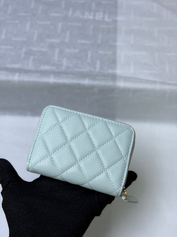 CC 26P Zipper Card Holder Light Blue Quited Caviar Leather
