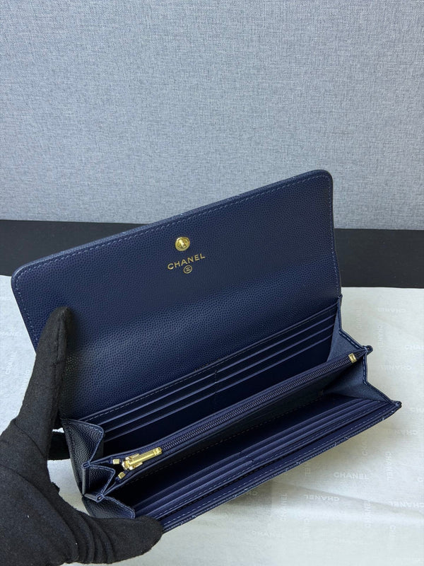 CC 26P Long Flip Wallet Navy Blue Quited Caviar Leather