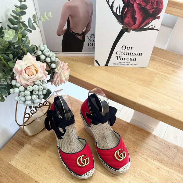 GG 26ss Platform Wedge Sandals 10cm Red Straw Canvas 692206
