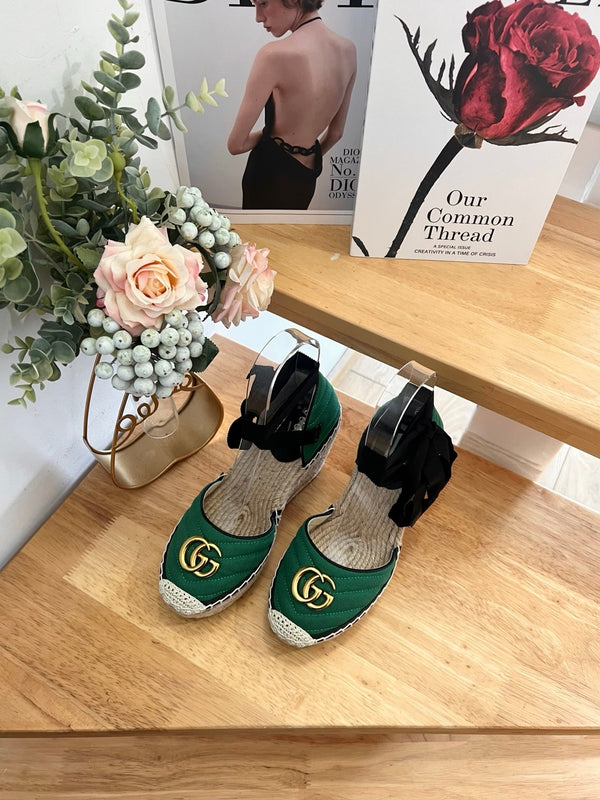 GG 26ss Platform Wedge Sandals 10cm Green Straw Canvas 692207