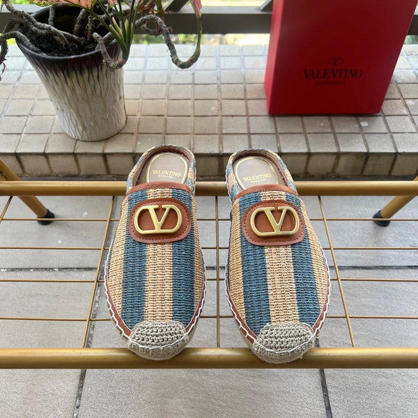 VLogo Signature Striped Espadrille Mules Beige Blue Raffia 692190