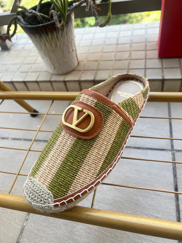 VLogo Signature Striped Espadrille Mules Beige Green Raffia