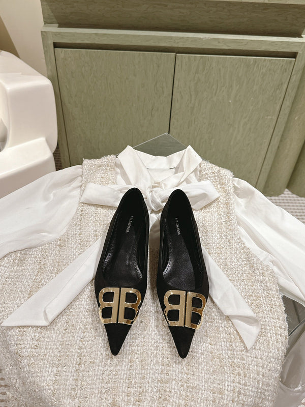 POINTED BB GOLD BUCKLE BALLET FLAT IN BLACK SUEDE