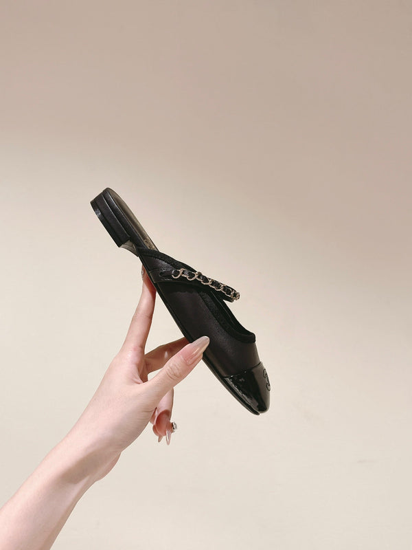 cc mule leather chain black calfskin patent calfskin
