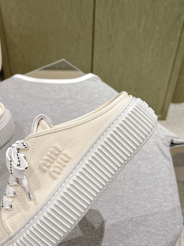 Miu Miu Biscuit Shoes Platform Mules Cream  Denim Canvas 532871