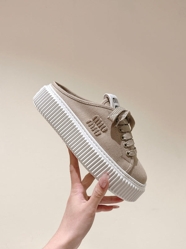 Miu Miu Biscuit Shoes Platform Mules Beige Denim Canvas 532873