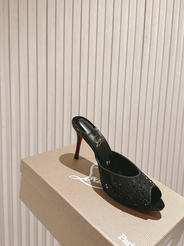 CL 25s Me Dolly Sandal Mule Heel Pump 85mm Black Sheepskin 446686