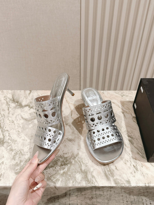 Alaia 2025 Vienne Cutout Kitten-Heel Slide Sandals Silver Leather 293647