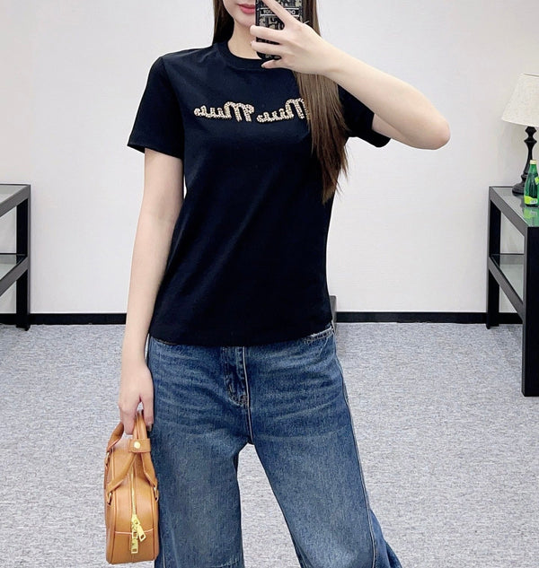 Miu SS26 Crystal Logo T-shirt Cotton 351332