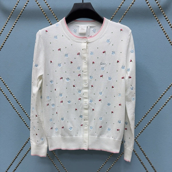 CD SS26 Cardigan Multicolor Doves Roses Ecru Motif Wool 351360