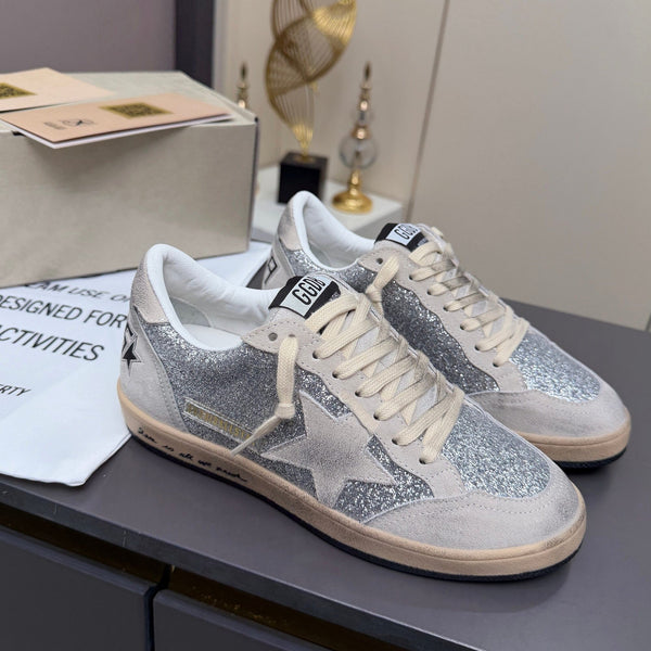 Golden Goose 26s Ball Star Sneakers Sliver Grey Suede Glitter 735899