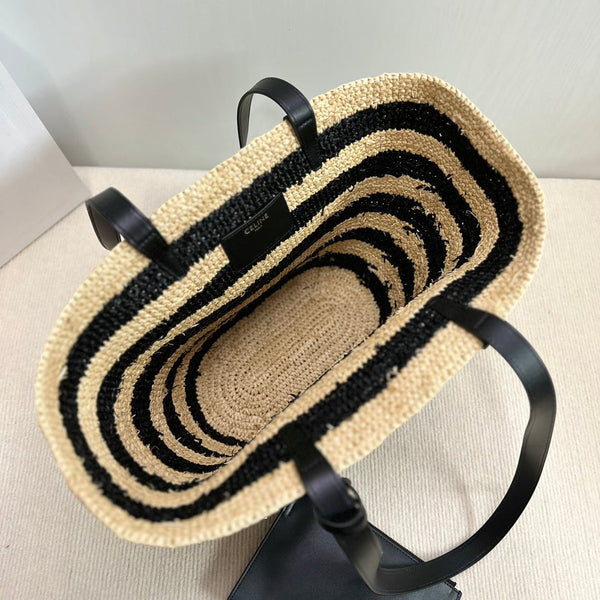 Celine Medium Supple Classic Panier 30cm Black Calfskin Beige Raffia