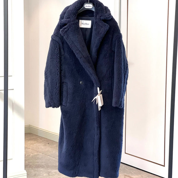 Max Mara Teddy Bear Icon Long Coat Navy Alpaca Wool Silk 429226