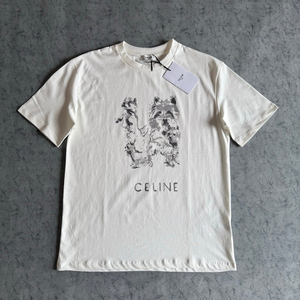 Celine SS26 Unisex Puppy Print Short-Sleeve Tee White Cotton 350474