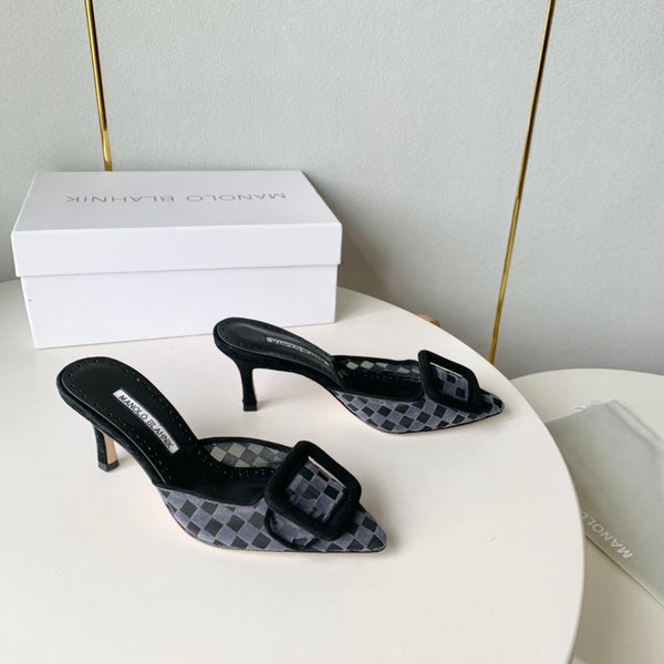 Manolo Mules Latest Checkerboard Grey Fabric Leather 528009