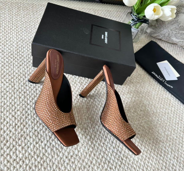 SL SEPT MULES SIENNA SATIN AND RHINESTONES
