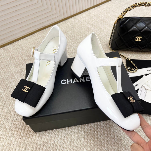 CC 26s Bow Mary Jane Chunky Heel 6cm White Glossy Leather 787147