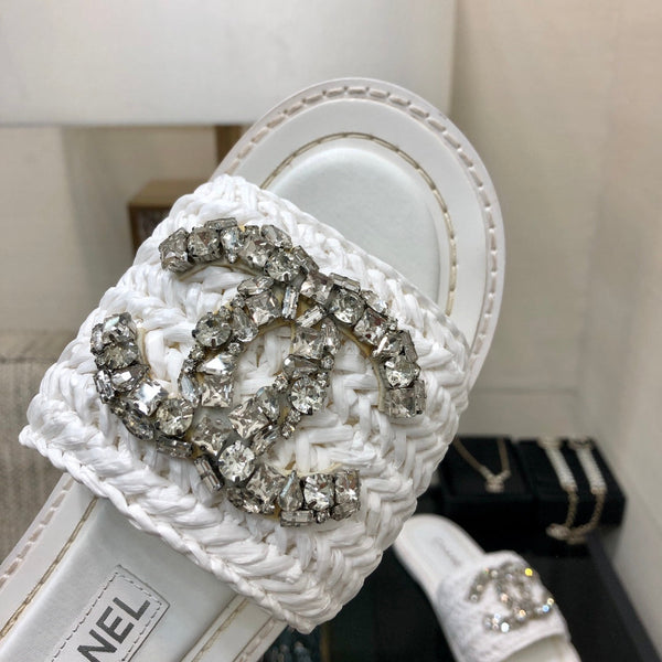 CC Flat Slides White Braided Raffia Crystal Embellished 688666