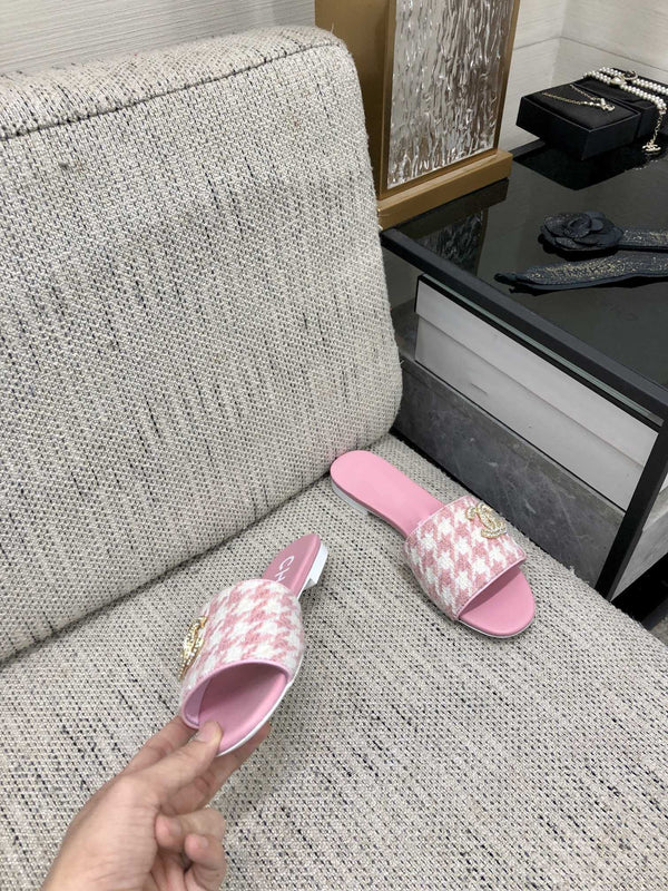 mule sandal pink white houndstooth fabric