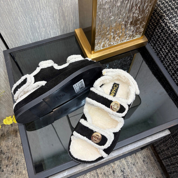 CC 26s Dad Sandals Black White Suede Shearing 970116