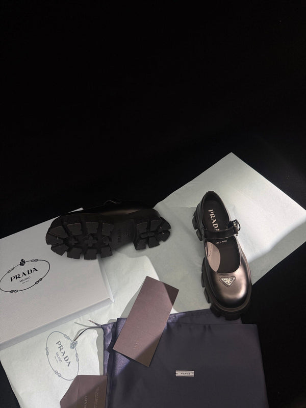 Prada Brushed Monolith Mary Janes Loafer Black Leather 606064