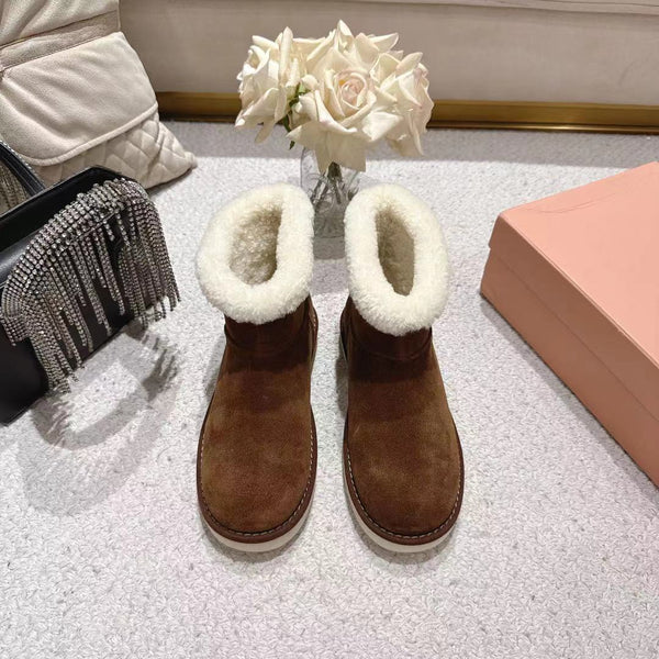 Miu Snow Boots Dark Brown Suede Shearling 455924