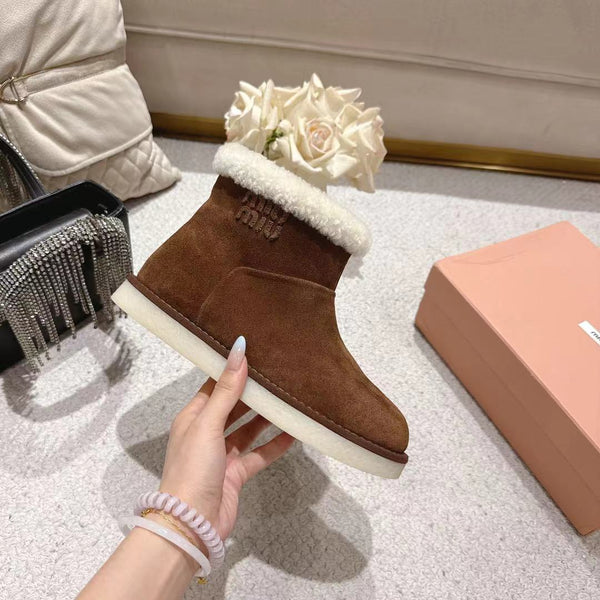 Miu Snow Boots Dark Brown Suede Shearling 455924