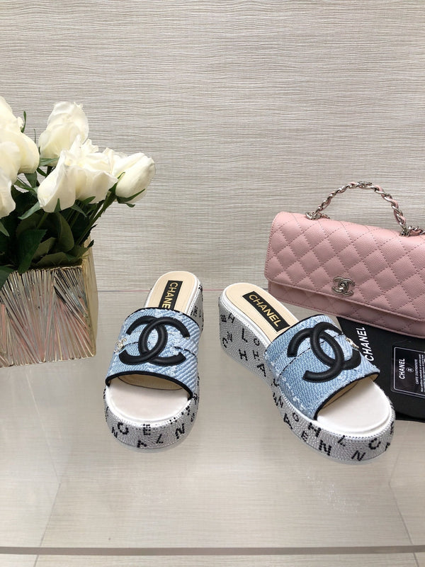 CC 25C Platform Slide Sandals Steed Blue Fabric 213131