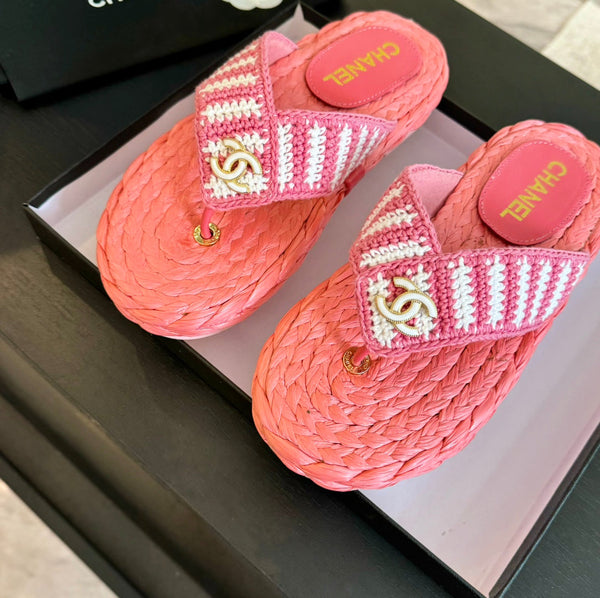 cc thong sandal striped pink white satin fabric
