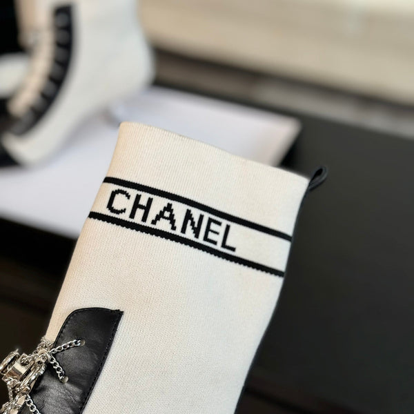 CC Ankle Boots White Black Chain Wool And Lambskin