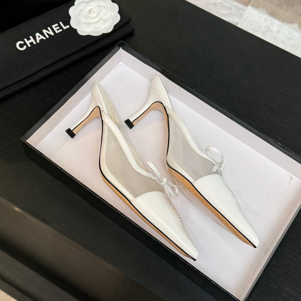 CC 26s Métiers d'Art Pointed-Toe Mule White Mesh Sheepskin 700623