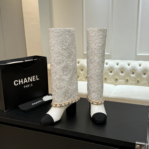 CC 25B High Boots White Lace With Chain Black Grosgrain 373805