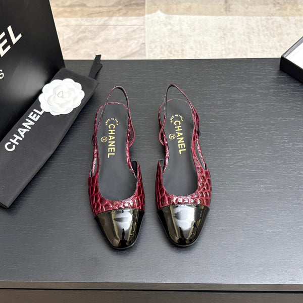 CC 26s Classic Slingback Flat Black Burgundy Crocodile Embossed Patent Leather 907635