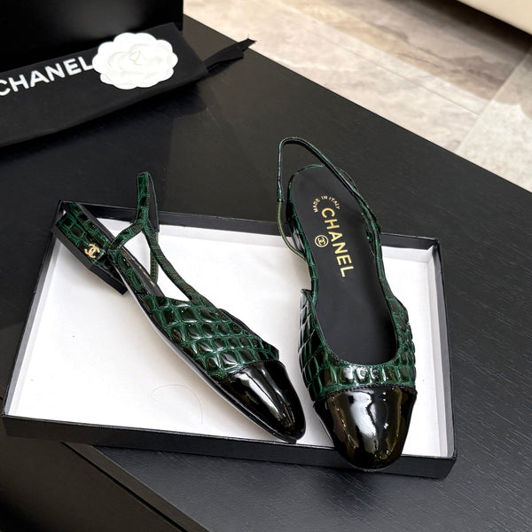 CC 26s Classic Slingback Flat Black Green Crocodile Embossed Patent Leather 907638