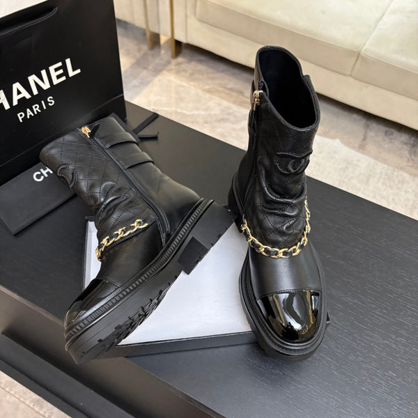 CC 26s Combat Boots Black Quilted Patent Calfskin 957754