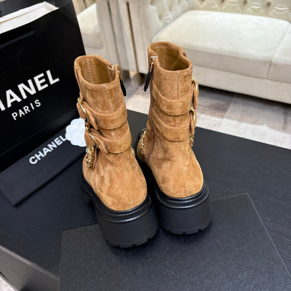 CC 26s Combat Boots Quilted Brown Suede Black Patent Calfskin 957755