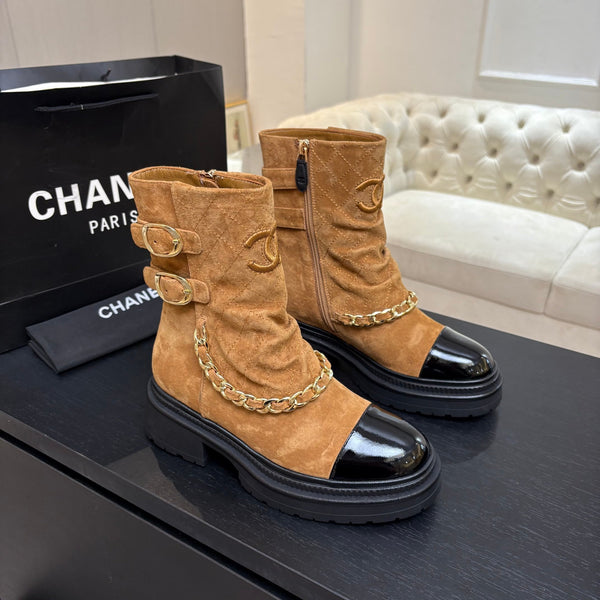 CC 26s Combat Boots Quilted Brown Suede Black Patent Calfskin 957755