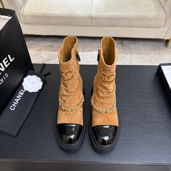CC 26s Combat Boots Quilted Brown Suede Black Patent Calfskin 957755