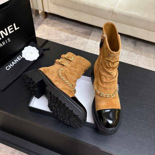 CC 26s Combat Boots Quilted Brown Suede Black Patent Calfskin 957755