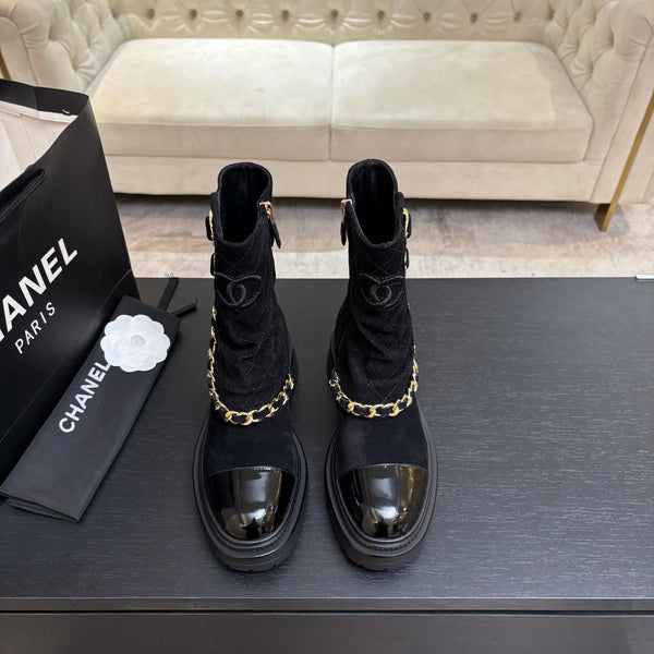 CC 26s Combat Boots Quilted Black Suede Black Patent Calfskin 957756