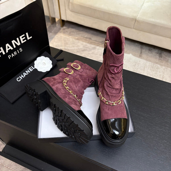 CC 26s Combat Boots Quilted Burgundy Suede Black Patent Calfskin 957757