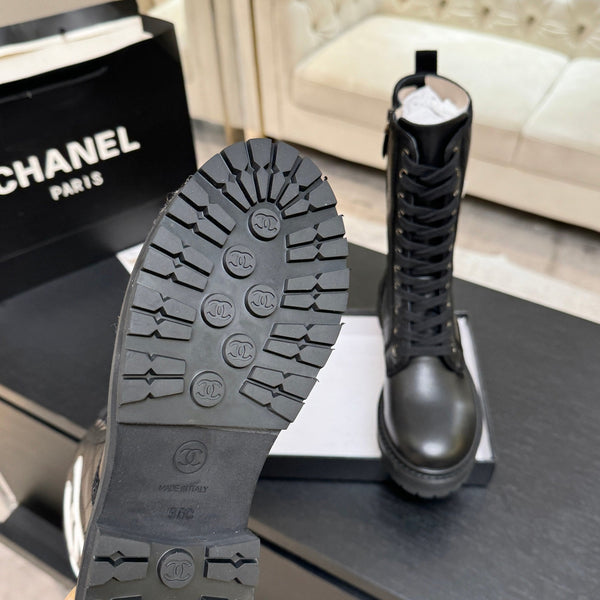 CC Quilted Combat Boots 26s Black Calfskin Leather 101988