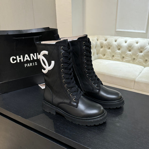 CC Quilted Combat Boots 26s Black Calfskin Leather 101988