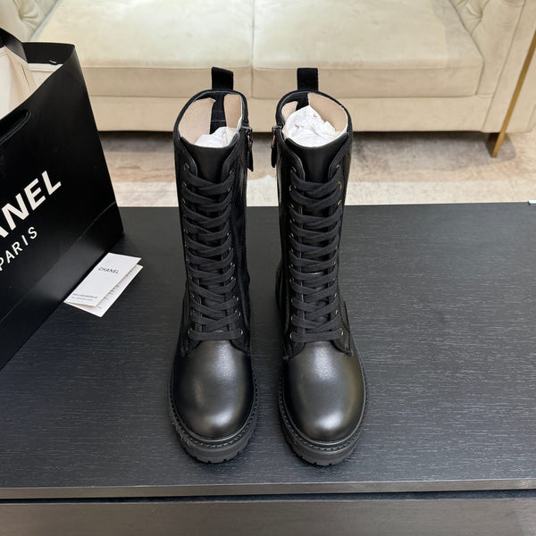 CC Quilted Combat Boots 26s Black Calfskin Leather 101988