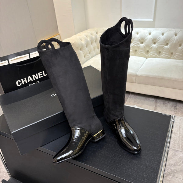 CC 26s Knee-High Riding Boots Black Patent Suede 106813