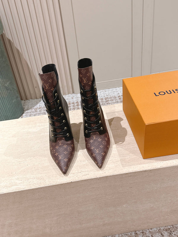 LV AW25 Ankle Boot Black Plain Calf Leather & Brown Monogram Canvas 555617